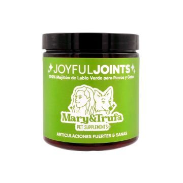 Bote verde del suplemento Joyful Joints Mary&Trufa 100g, 100% Mejillón de Labio Verde, vista frontal