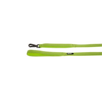 Correa de nylon Nayeco color verde pistacho extendida mostrando mosquetón negro y asa de neopreno