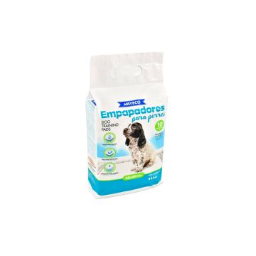 Paquete de 10 empapadores para perro Nayeco Basic de 60x60 cm con un cachorro en el empaquetado.
