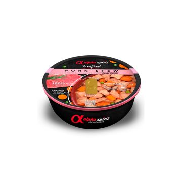 Alimento húmedo completo para perros con 97% cerdo fresco en salsa, marca Alpha Spirit.