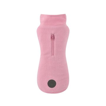 Forro polar liso de color rosa pálido para perro, con cuello alto, cremallera para arnés en la espalda y parche reflectante de seguridad en el bajo.