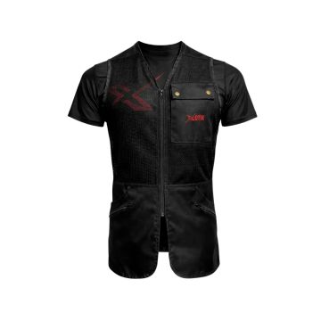 Frontal del chaleco de adiestramiento canino X-OTIK Packleader Mesh+ en color negro con logotipo rojo, mostrando bolsillos y cremallera