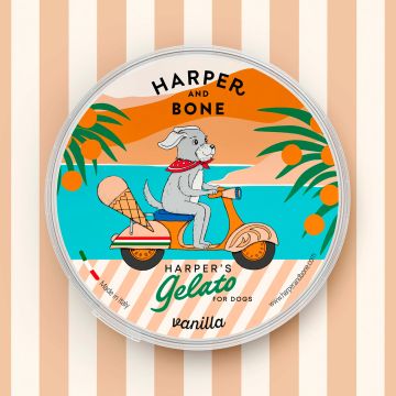 Envase de Harper & Bone Gelato sabor vainilla para perros, ilustración de perro en scooter