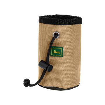 Bolsa de premios para perros Hunter Bugrino Basic color beige con cordón negro y logo Hunter en verde, ideal para adiestramiento canino y guardar snacks.