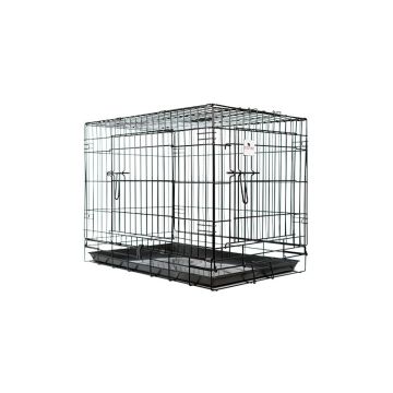 Jaula metálica plegable de alta seguridad marca Ibáñez, de color negro, con doble puerta y bandeja extraíble para perros.