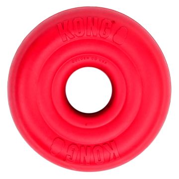 Juguete de caucho natural rojo KONG Donut SM con relieve KONG y texto Golden CO USA