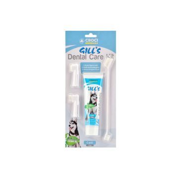 Kit de cuidado dental para perros Gill's de Croci, que incluye pasta de dientes, un cepillo de doble cabezal y dos cepillos de dedo.