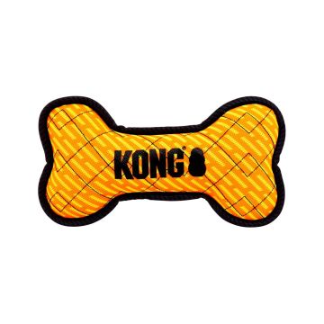 Vista frontal del mordedor Kong Armor Bone naranja mostrando el logotipo impreso en negro y las costuras reforzadas