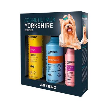 Caja Artero Cosmetic Pack Yorkshire Terrier con champú Hidratante, acondicionador Keratin Vital y spray Flash
