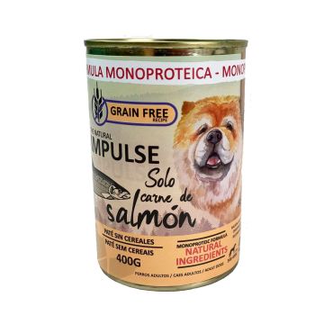 Lata de paté húmedo para perro The Natural Impulse solo carne de salmón 400g vista frontal