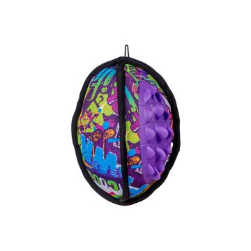 Pelota de rugby SPIKE GRAFITI XT-DOG de 20cm multicolor con panel lateral de goma morada con relieves para limpieza dental.