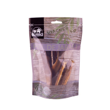 Bolsa retail con autocierre zip y ventana transparente de piel de jabali deshidratada Quibro snack natural para perros