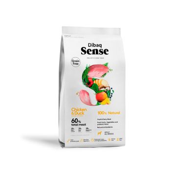 Saco blanco de pienso Dibaq Sense Holistic Dog Food Grain Free Chicken and Duck con 60% de carne total y cierre Zip and Fresh
