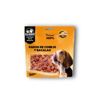 Bolsa naranja de snacks Quibro Dados de conejo y bacalao 100g con foto de perro Beagle