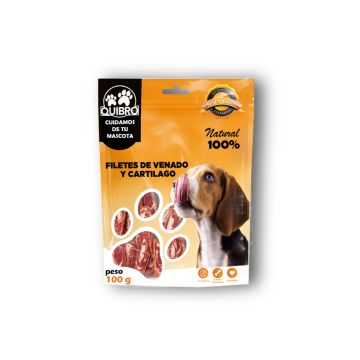 Envase frontal de snacks Quibro Filetes de Venado y Cartílago 100g con imagen de perro Beagle
