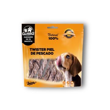 Envase naranja de snacks para perro Quibro Twister Piel de Pescado 100g con perro Beagle relamiéndose