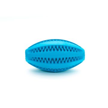 Pelota dental para perro en forma de rugby con ranuras para snacks