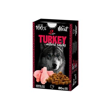 Caja de snacks de pavo Alpha Spirit para perros, hecha con ingredientes naturales, libre de granos y gluten, diseño ecológico y empaquetado resistente