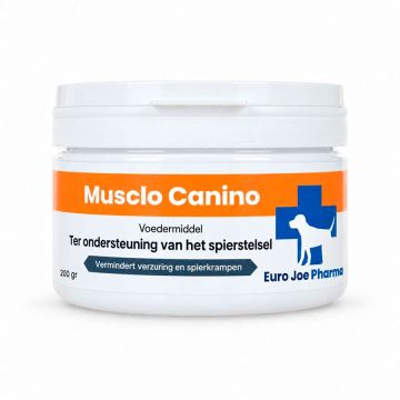Bote blanco de 200 gr del suplemento nutricional Musclo Canino de Euro Joe Pharma con etiqueta naranja y cruz azul