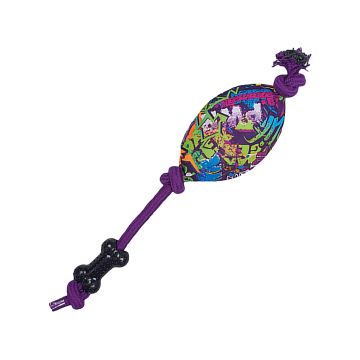 Tirador de juguete con cuerda XT-DOG serie Grafiti de 50 cm, diseño multicolor con cuerda morada y asa de caucho negro en forma de hueso
