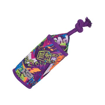 Tirador de mordida tipo saco XT-DOG modelo GRAFITI estampado multicolor con asa de cuerda trenzada morada
