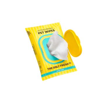 Envase amarillo de toallitas Onlyfresh Pet Wipes Aloe Vera de 25 unidades con ribetes turquesa y tapa rígida amarilla abierta mostrando el tejido