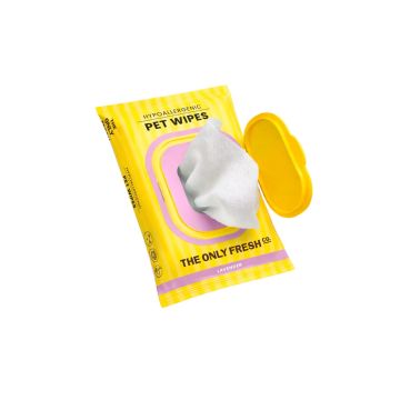 Envase amarillo de toallitas Onlyfresh Pet Wipes Lavanda de 25 unidades con tapa rígida abierta mostrando el tejido