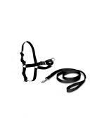 Conjunto de arnés anti-tirones Nayeco Easy Walk de color negro con su correa de nylon a juego sobre un fondo blanco.