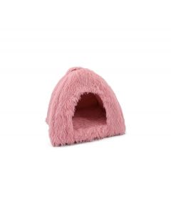 Cama tipo iglú de pelo largo rosa claro para perros pequeños y gatos Nayeco Relax, con un cojín suave extraíble en el interior.
