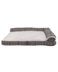 Cama para perro tipo sofá modelo Ibáñez Rest con estampado de cuadros grises y una suave superficie de descanso de felpa.