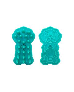 Cepillo de goma Kong ZoomGroom Bubbles verde con dientes masajeadores vista frontal y trasera.