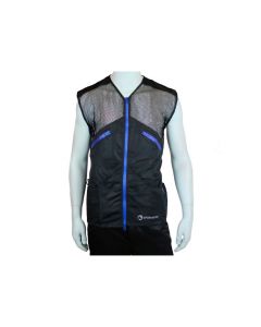 Vista frontal y trasera del chaleco de malla para adiestramiento canino Sporthund en color negro y azul.