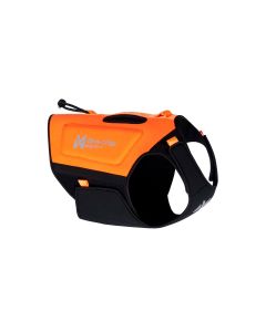 Chaleco de neopreno naranja y negro Non-stop dogwear Protector para perro, visto de perfil sobre un fondo blanco.