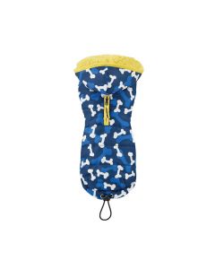 Chaqueta acolchada para perro de la marca Nayeco con estampado de huesos azules y blancos, forro interior de borreguito amarillo en la capucha y cremallera frontal.