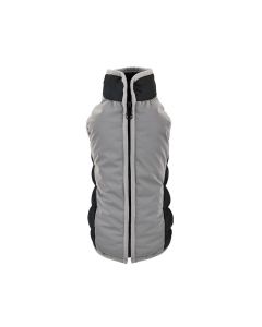 Chaqueta acolchada para perro de la marca Nayeco, de color gris reflectante con paneles laterales negros y cremallera frontal, ideal para paseos nocturnos.