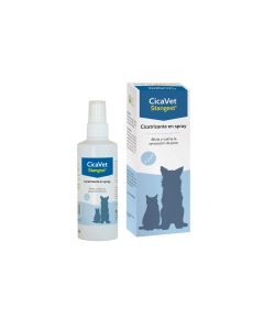 Botella y caja de CicaVet Stangest spray cicatrizante para perros y gatos sobre fondo blanco