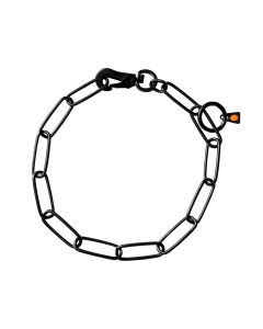 Collar SPRENGER de eslabón largo ajustable en acero inoxidable negro con mosquetón de seguridad sobre fondo gris.