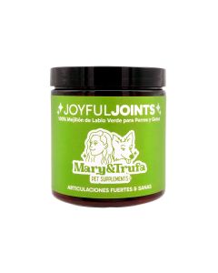 Bote verde del suplemento Joyful Joints Mary&Trufa 100g, 100% Mejill&oacute;n de Labio Verde, vista frontal