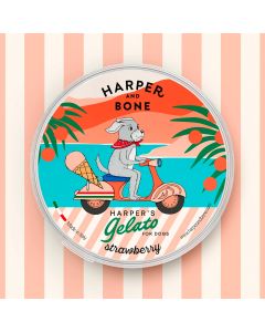 Tarrina de helado para perros Harper and Bone sabor fresa con ilustraci&oacute;n de perro en moto