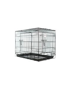 Jaula metálica plegable de alta seguridad marca Ibáñez, de color negro, con doble puerta y bandeja extraíble para perros.