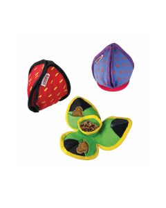 Kong Ballistic Hide N Treat surtido en varias formas cerrado en colores rojo y azul, y abierto en color verde mostrando pienso en sus bolsillos internos de velcro