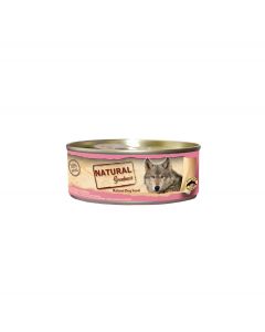 Lata de comida húmeda Natural Greatness para perros con filete de atún y gambas sobre un fondo neutro.