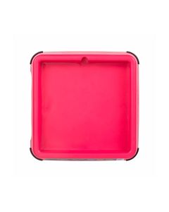 Vista superior del soporte LickiMat Keeper rosa vac&iacute;o mostrando el interior liso para colocar la alfombra de lamido