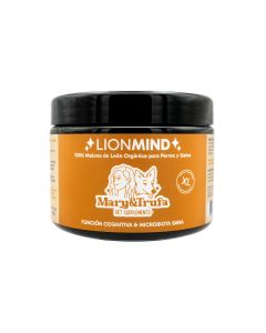 Bote de suplemento Mary&Trufa Lionmind 150g Melena de Le&oacute;n Org&aacute;nico para Perros y Gatos con etiqueta color mostaza sobre fondo negro
