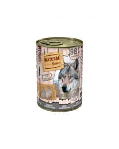 Lata comida húmeda perro Natural Greatness receta conejo monoproteica fondo madera