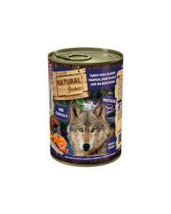 Lata de comida húmeda Natural Greatness Pavo Salmón Calabaza Boniato Espino Amarillo 400g para perro adulto hipoalergénica sin cereales