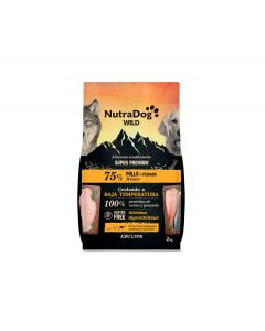 Saco de alimento semihúmedo NutraDog Wild Pollo y Pescado para perros adultos.