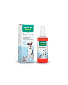 Spray dental Stangest Dentican 125ml junto a su caja con imagen de perro y gato
