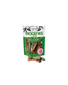 Bolsa de snacks dentales Woolfies Dental Brush para perros mostrando premios con forma de cepillo en colores verde, marr&oacute;n y naranja